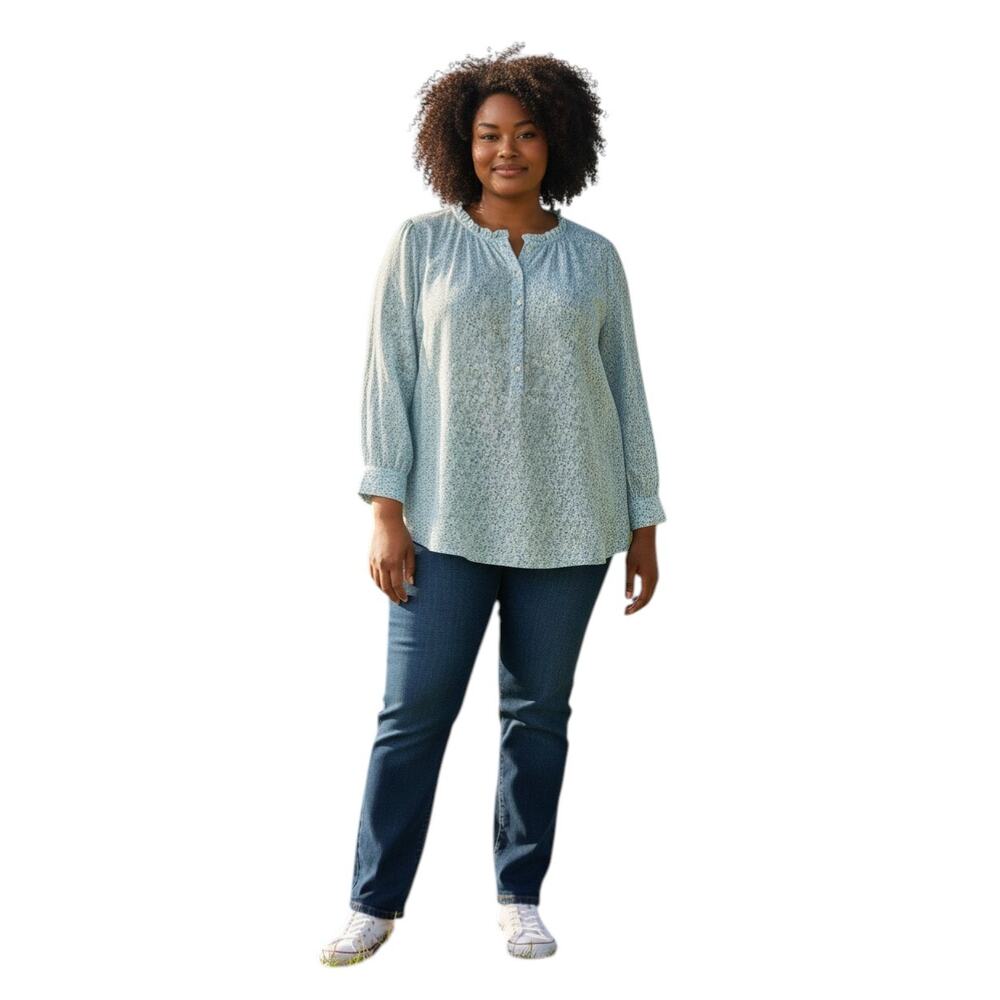 Talbots Peasant Top Sz XL Cotton Floral Long Sleeve Aqua Ditsy Print Boho Office